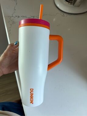 Dunkin' White Insulated Travel Tumbler with Orange Handle & Pink Lid